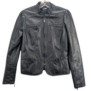 Jou Jou Women's Leather Moto Jacket Black Small Zipped Pockets Grunge Goth NWT